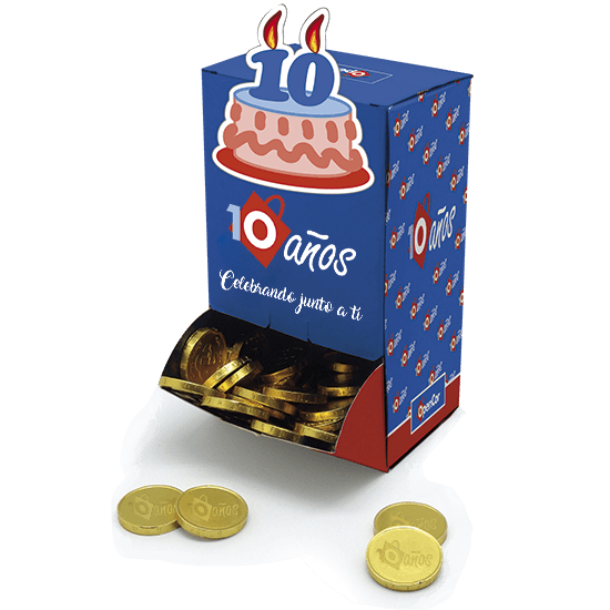 Distributeur de monnaies en chocolat personnalisées avec votre anniversaire ou marque