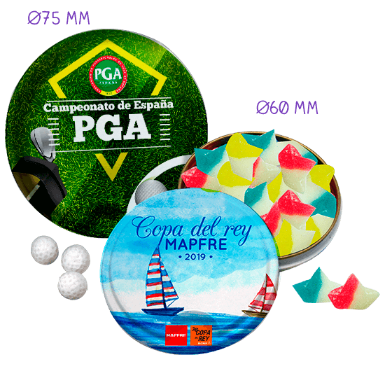 Ø75/Ø60 Round tin with personalized candies
