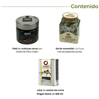 Kit Mediterráneo: Aceite de oliva 100ml, Paté de aceitunas y Sal de escamas.