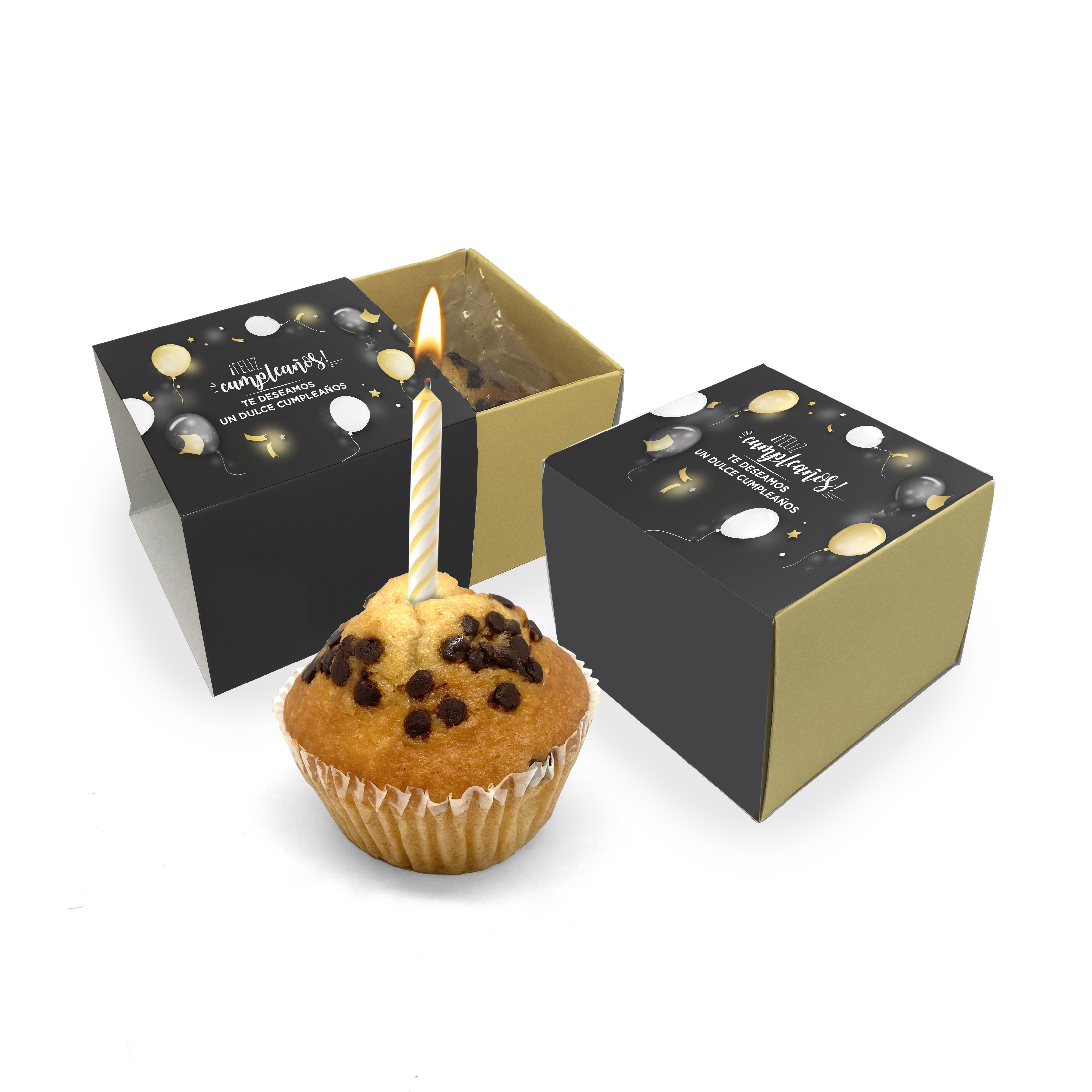 Cube box with cupcake with chocolate chips + candle
