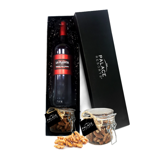 COFFRET AVEC BOUTEILLE ET POT À CLIP AVEC FRUITS SECS PREMIUM