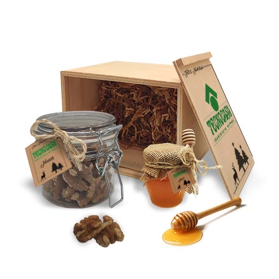 Pot de noix caramélisées et pot de miel artisanal