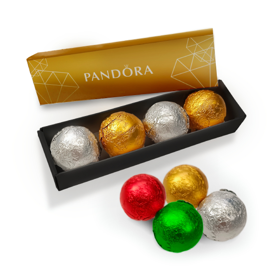 Boîte avec 4 chocolats boule or, argent, rouge ou verte