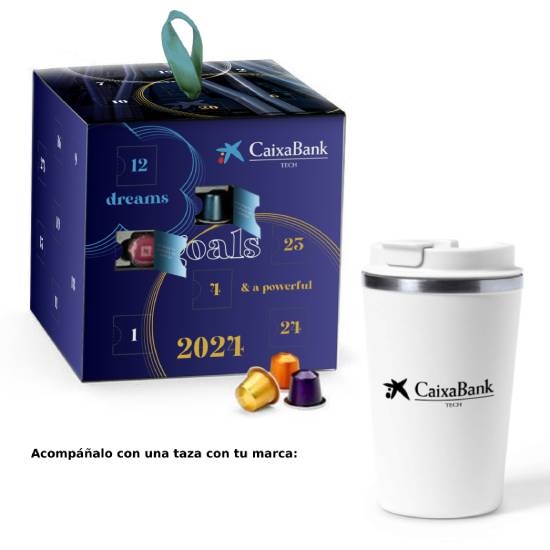 Advent calendar cube with coffee capsules and ceramic mug cup