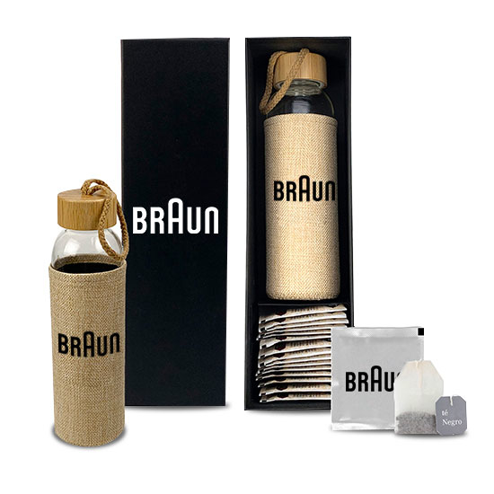 Box with bamboo bottle and tea