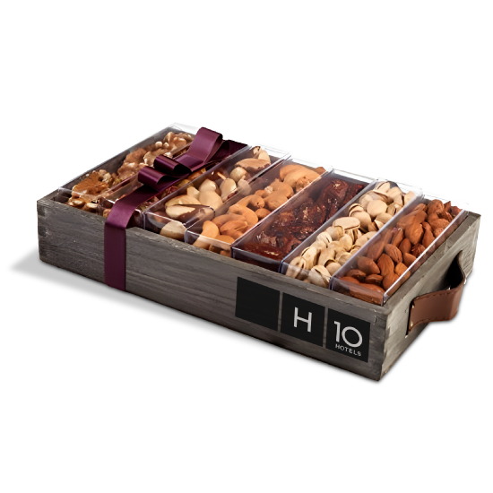 Wooden tray with 7 assortments of dried fruits and nuts