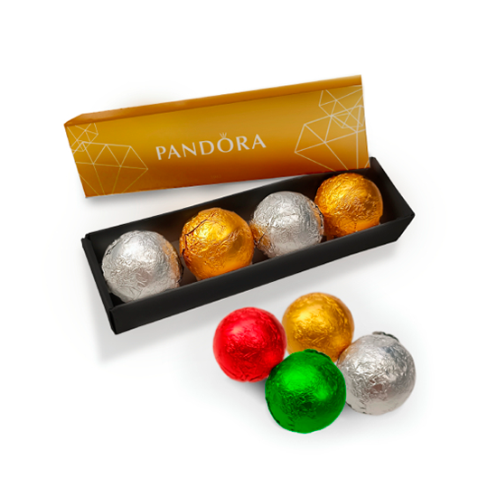 Boîte avec 4 chocolats boule or, argent, rouge ou verte