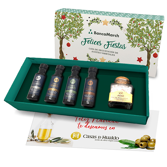 Dégustation d´huiles 4 variétés 25 ml (Arbequina, Picual, Cornicabra et Manzanilla) + Sel