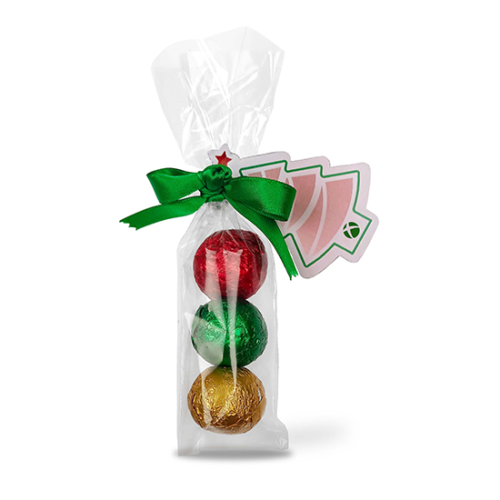 Bow bag with 3 chocolates christmas balls