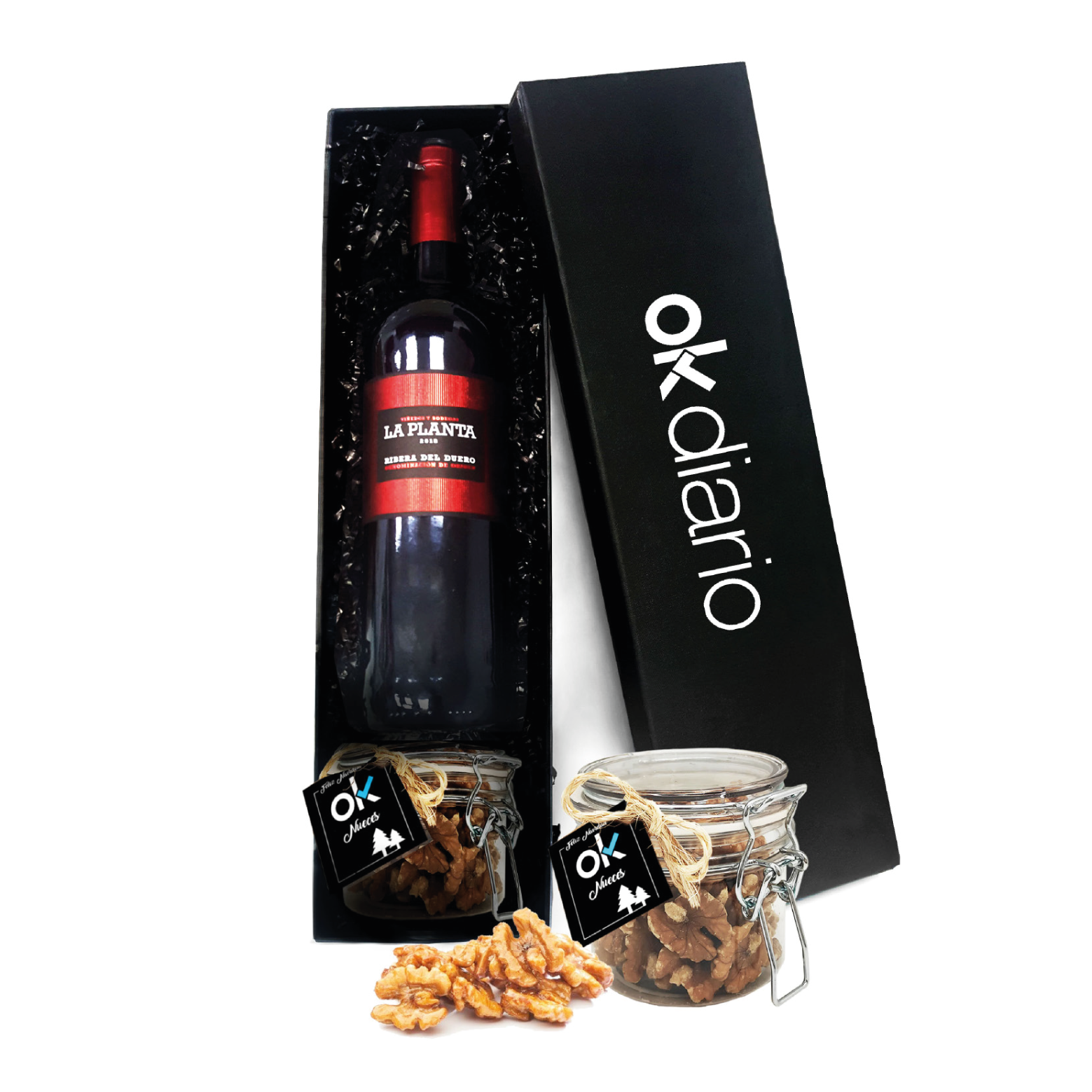 Caja con botella y tarro presilla con frutos secos