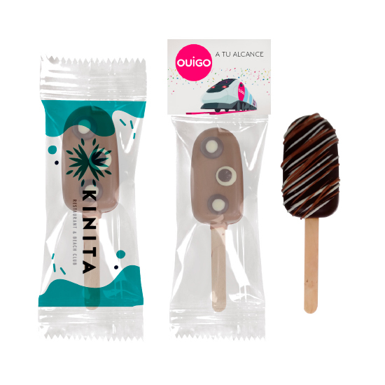 Chocolate lollipop in individual flowpack