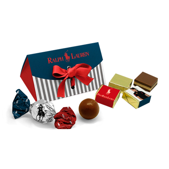 Caja regalo con creminos de chocolate o bombón bola 2 lazos