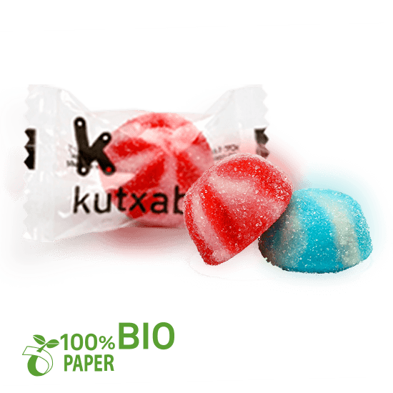 BIODEGRADABLE flow-pack with strawberry/cola with cream candy