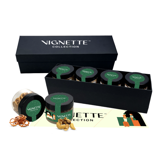 Coffret cadeau en carton rigide avec 4 pots de snacks