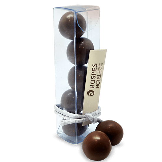 Caja de acetato con 5 bolas de chocolates