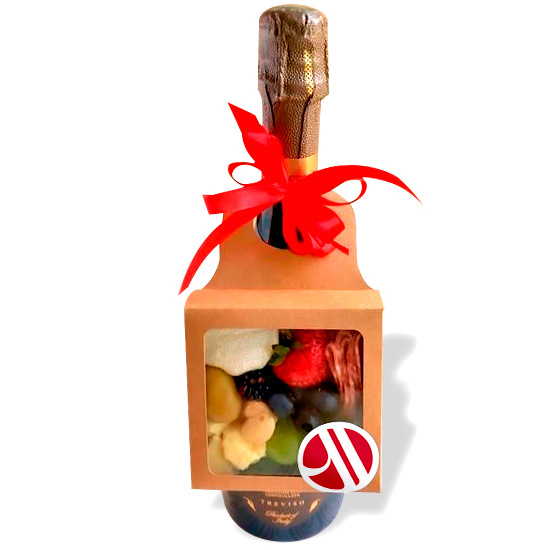 Champagne bottle with hanging box with snacks