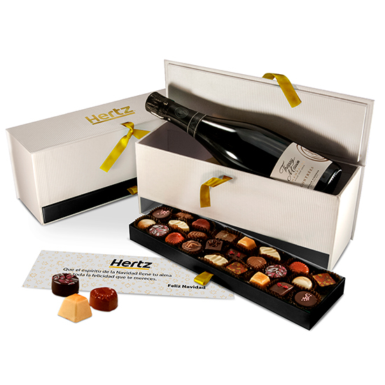 Bottle of champagne and artisan chocolates