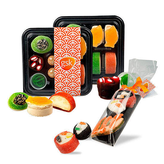 Trays with gummy sushi