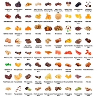 Selección de frutos secos, fruta deshidratada, grageados y especias.