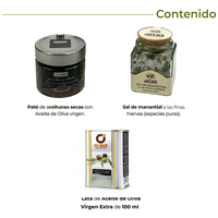 Kit Méditerranéen : 100 ml d´huile d´olive, pâté d´olives et sel en flocons.